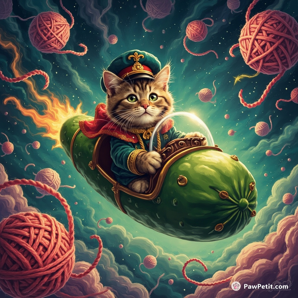 A cruising cat captain steering a pickle-shaped spaceship through a nebula of twirling yarn balls.