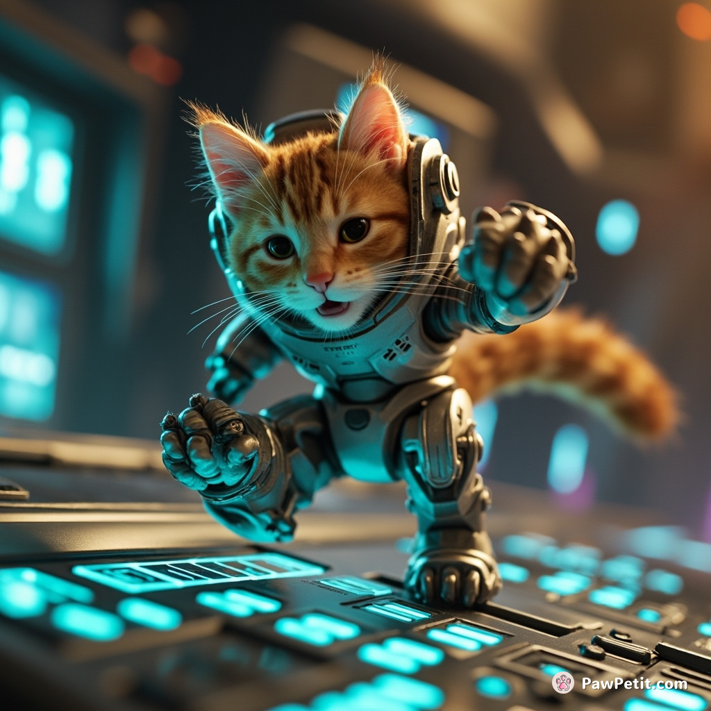 Whiskers twitching, the cat dances across glowing consoles, piloting a colossal, humming mech-suit with feline grace.