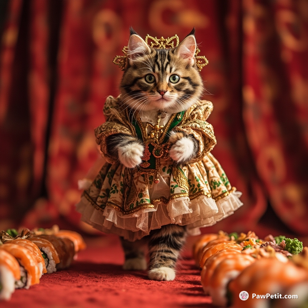 A cat formally strutting down a red carpet of sushi, wearing an elaborate Victorian dress.