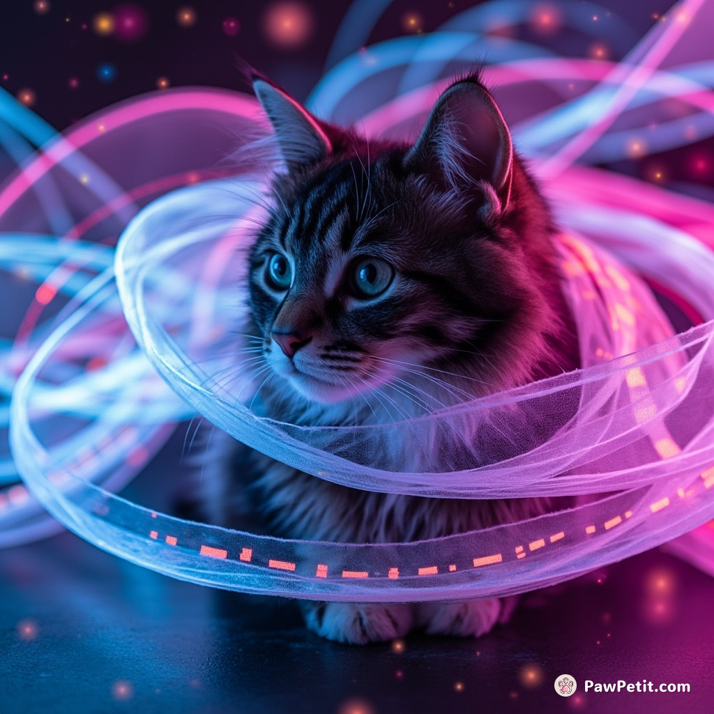 In a virtual realm, the cat phases through glowing data streams, weaving the fabric of its digital world.