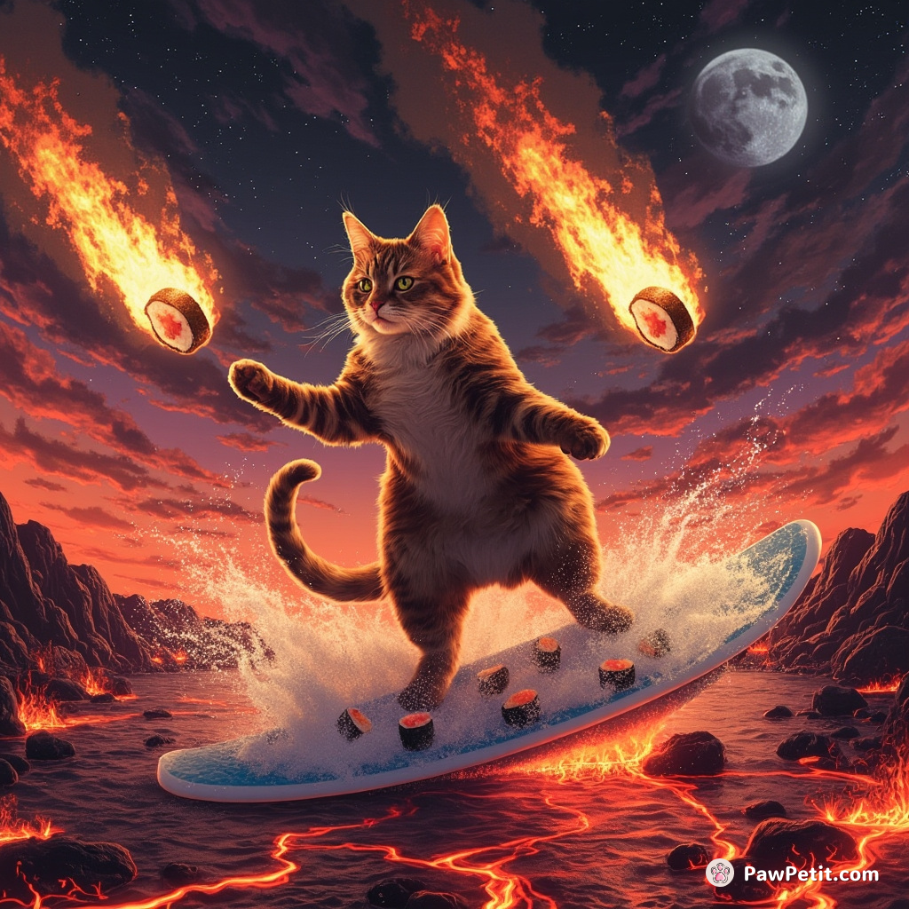 Giant cat surfing on a river of lava while juggling flaming sushi rolls.