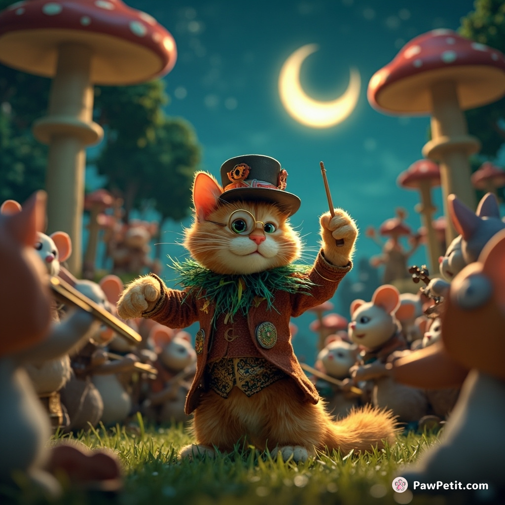 A monocle-wearing cat sprouting peacock feathers flamboyantly conducts an all-mouse orchestra in a luminous mushroom grove under a suspiciously smirking crescent moon.