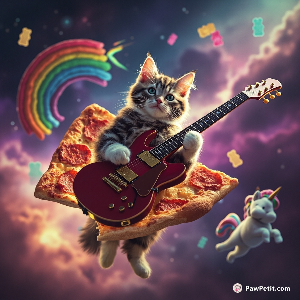 Cat playing an electric guitar, flying on a slice of pepperoni pizza throughout a cosmic galaxy filled with rainbow unicorns and dancing gummy bears.