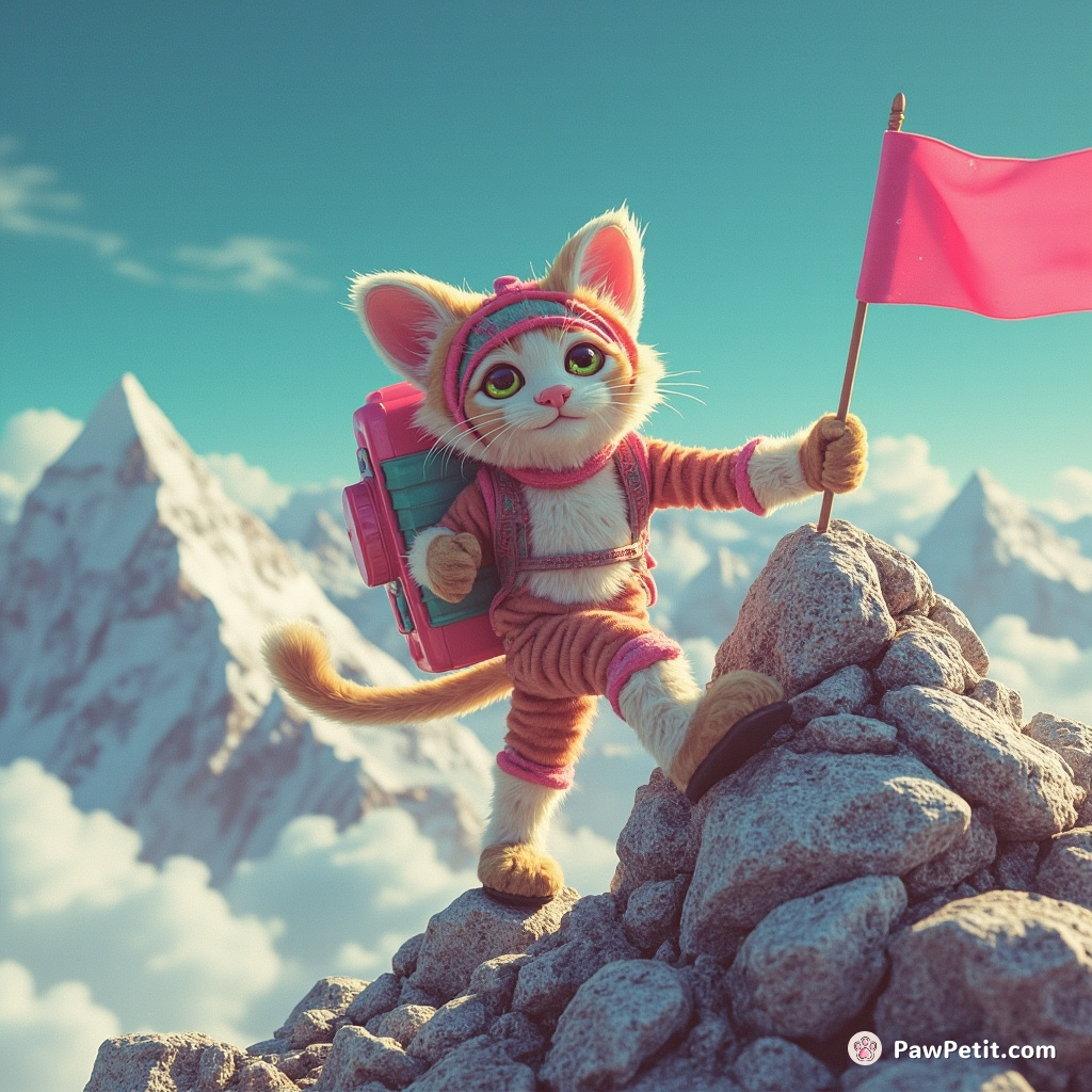 Whiskers hikes Everest, scaling tiny boulders with acrobatic leaps, knocking down flags with his tail.