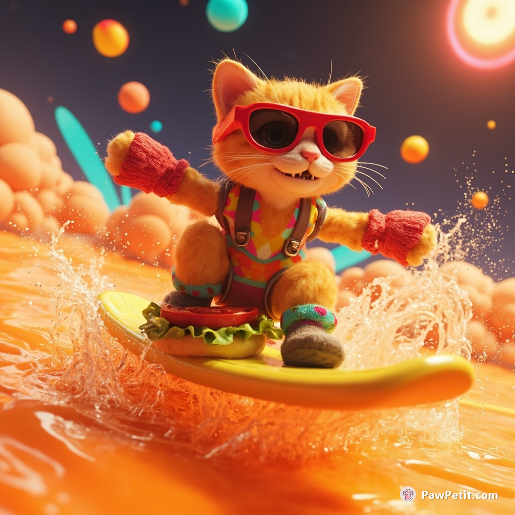 A toothy grin cat wearing socks for gloves surfing on a cheeseburger in an ocean of orange soda under the disco skies.