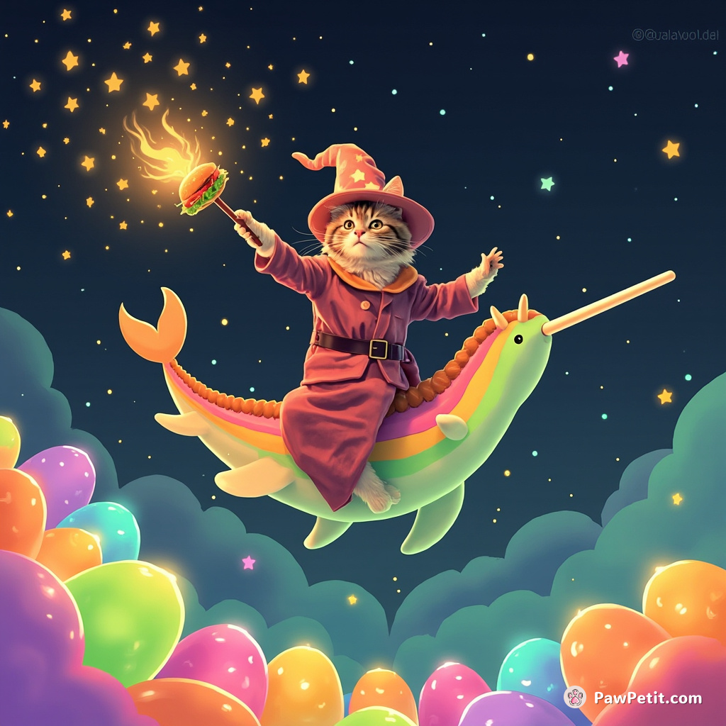 Cat dressed as a wizard casting cheeseburger spells from a magic wand soaring atop a rainbow-breathing narwhal through an ocean of lava lamps.