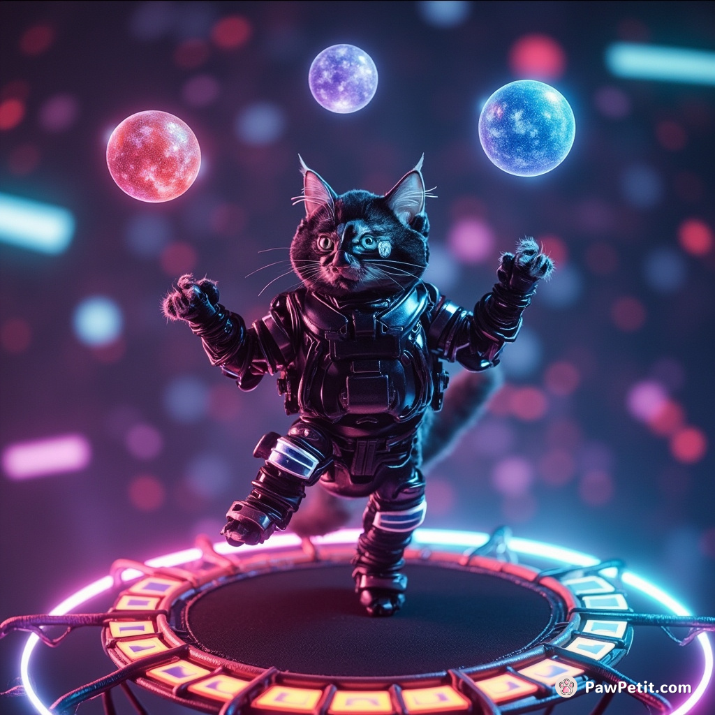 Neon cyborg cat juggling galaxy orbs on a pixel trampoline.