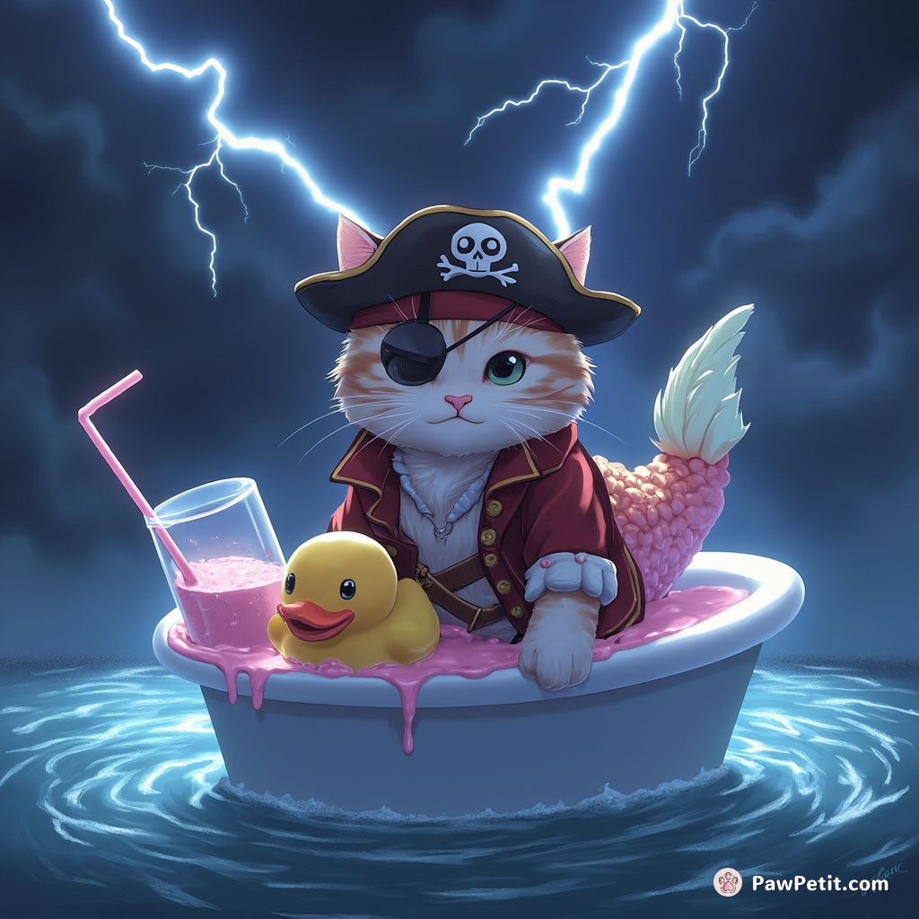 A pirate cat with a mermaid tail, balancing on a rubber duck sailing in a bathtub filled with strawberry milkshake during a lightning storm.