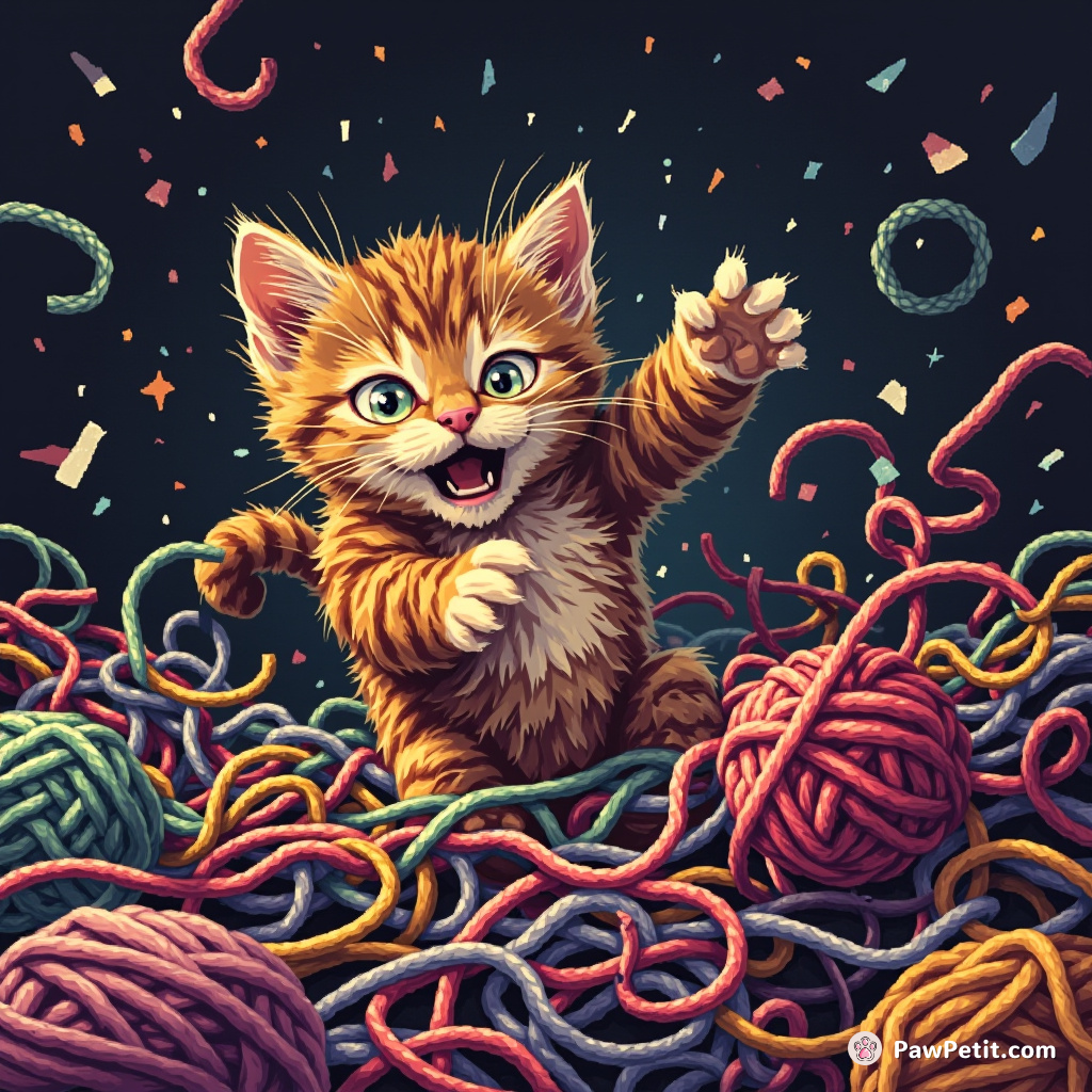 A terrified cat, in an escape frenzy, claws relentlessly at a tangled mess of knitting yarn.