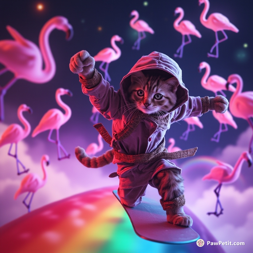 A ninja cat surfing a rainbow in neon outer space, while juggling purple flamingos.