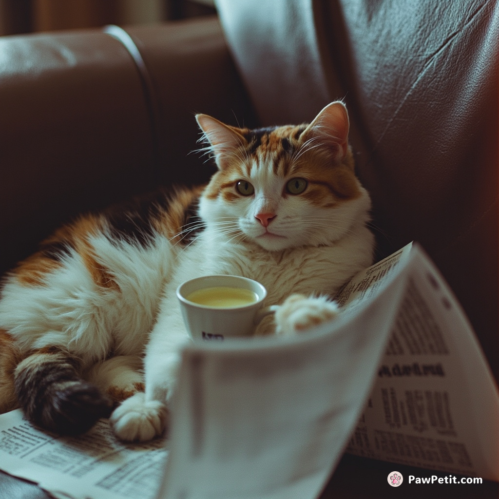 A sofa-bound calico cat, holding a mini mug of cream and meticulously turning newspaper pages with her paw.