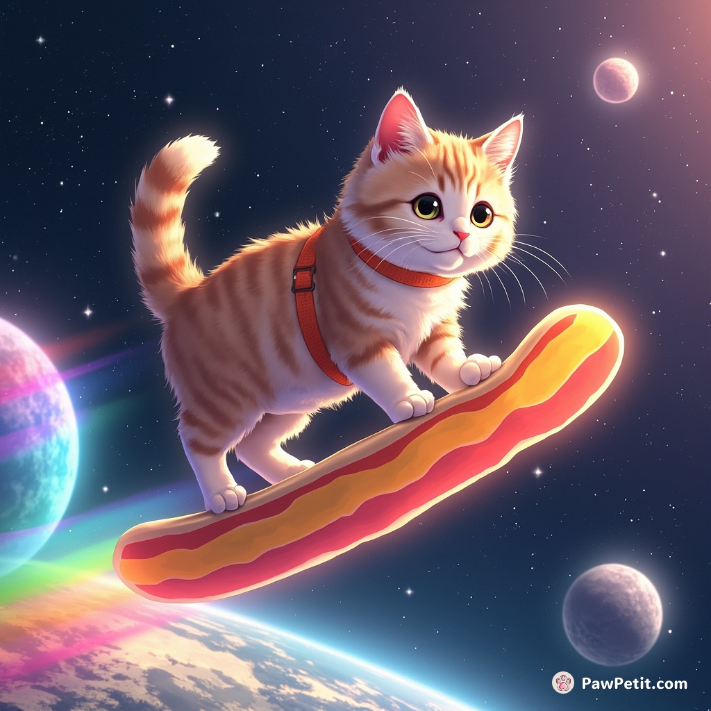 Cat surfing on a slice of rainbow bacon in outer space.