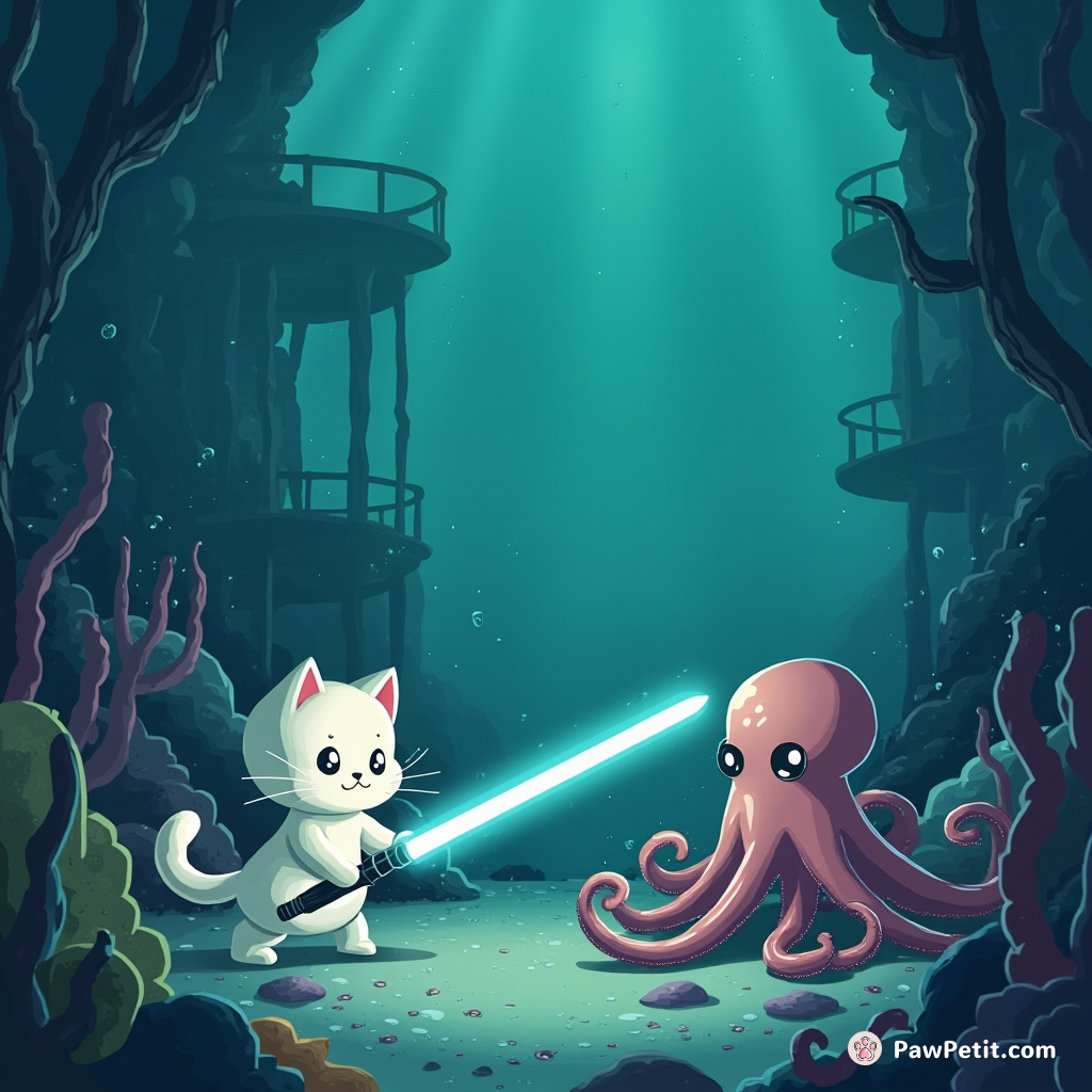 Cat winning a lightsaber duel against octopus in an underwater Atlantis playground.