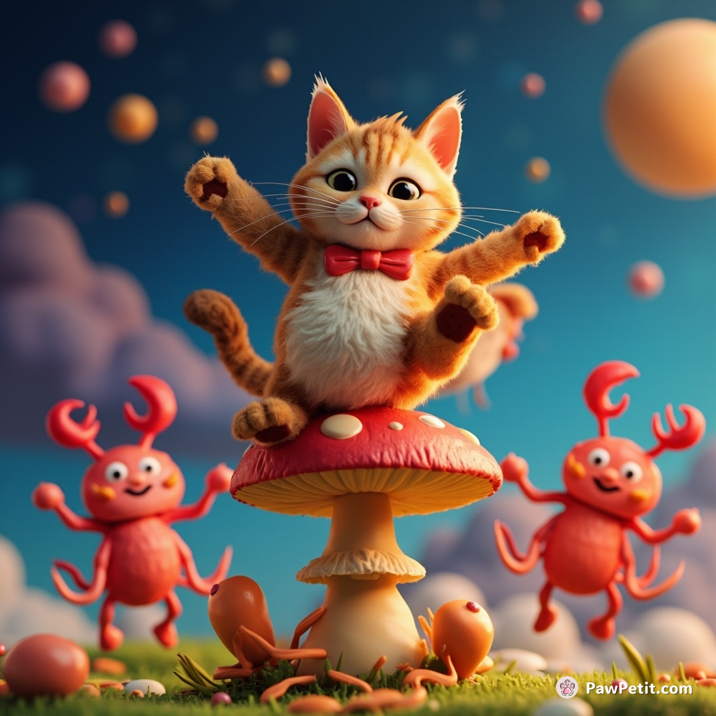 A cat breakdancing on a mushroom in space, while lobster-like aliens cheer and wag their antennas.