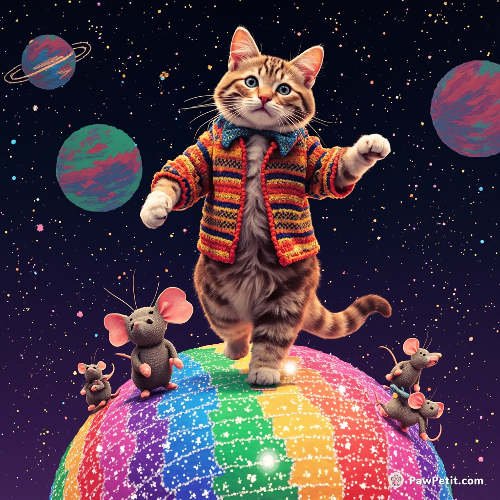 A salsa-dancing cat surrounded by disco mice on a rainbow glitter ball in the cosmos.