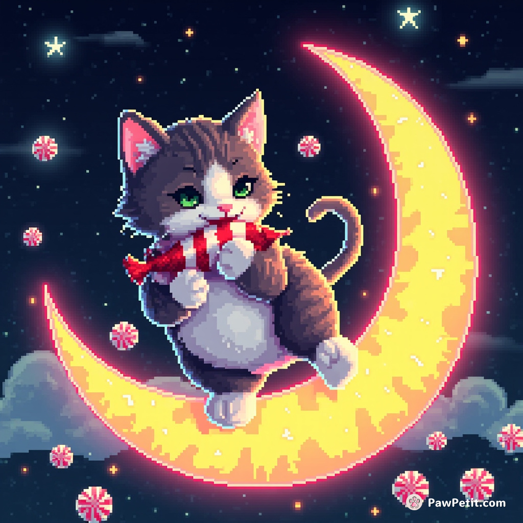 Cat bouncing on a fluorescent, inflatable moon, eating peppermint-striped fish.