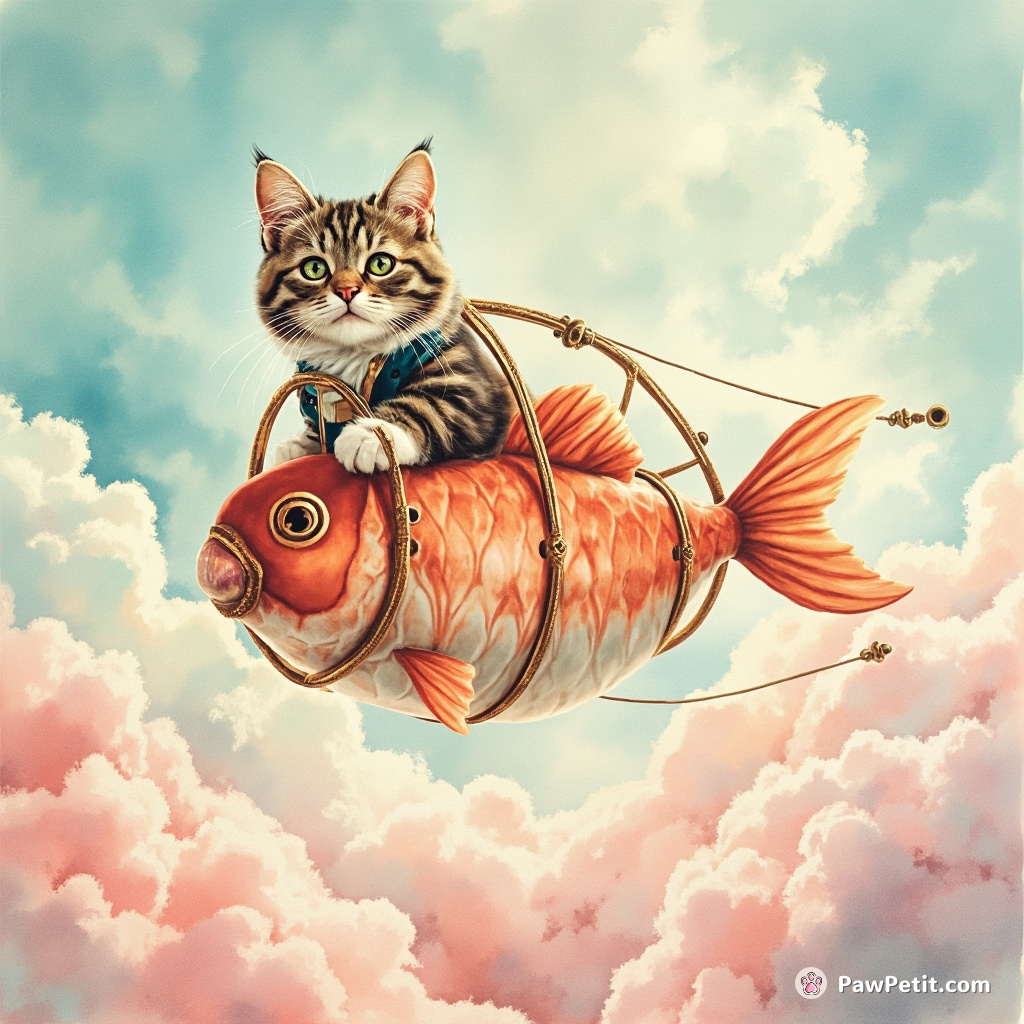 Steampunk cat piloting a flying fish-shaped airship over a candy cotton cloud city.