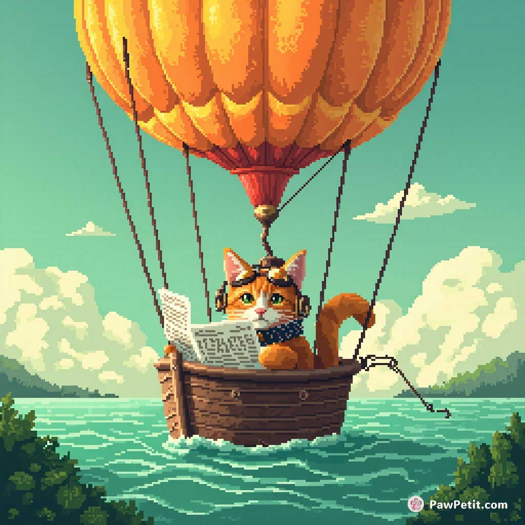 Steampunk cat reading the morning newspaper aboard a hot air balloon made from half tangerines, drifting above an emerald sea.
