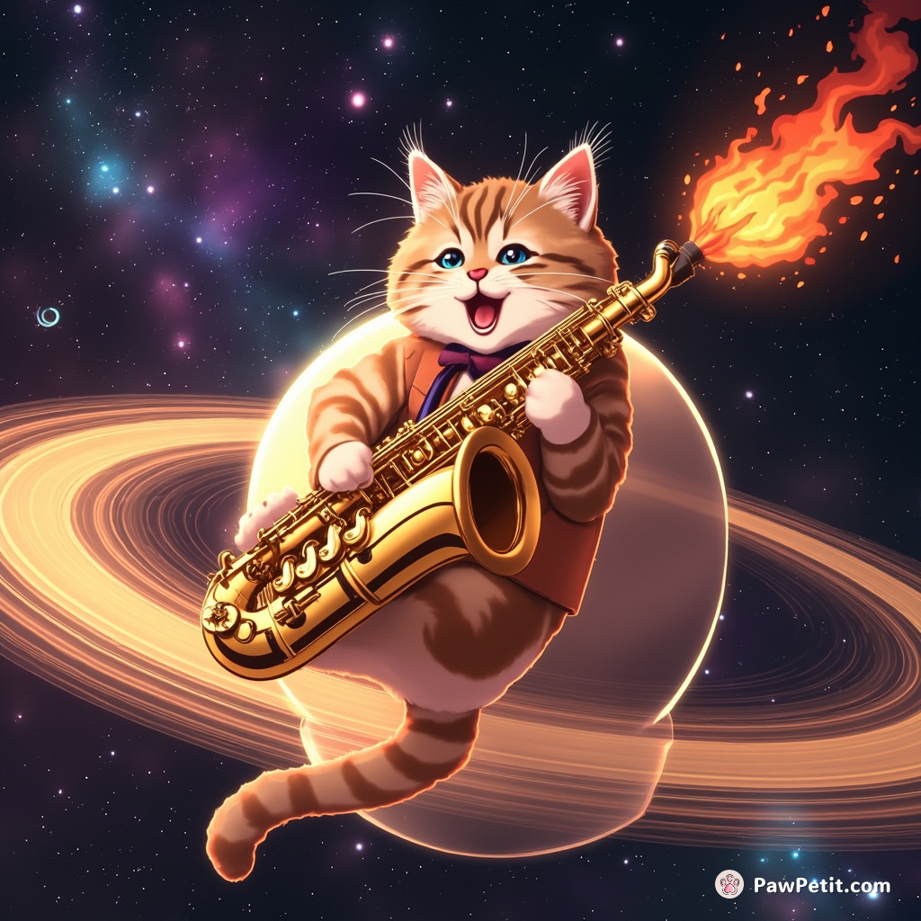 A floating cat playing a flaming saxophone on the rings of Saturn during a disco-themed cosmic party.