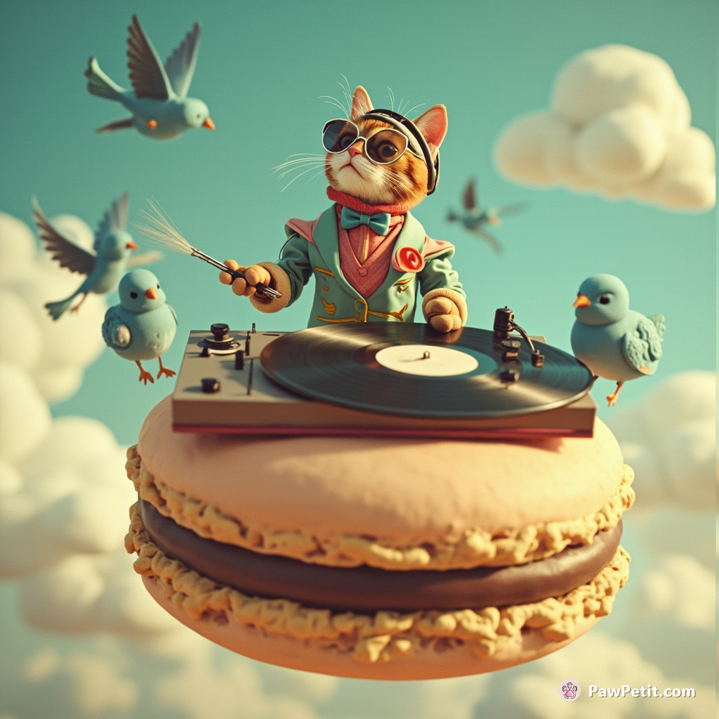 A cat stylishly DJing on vintage vinyl turntables atop a giant floating macaron while bluebirds sing backup.