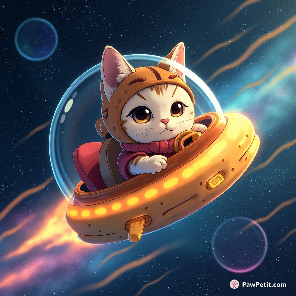 A spacefaring cat operating an astro-cheeseburger spaceship amidst nebulae spangled star trails.