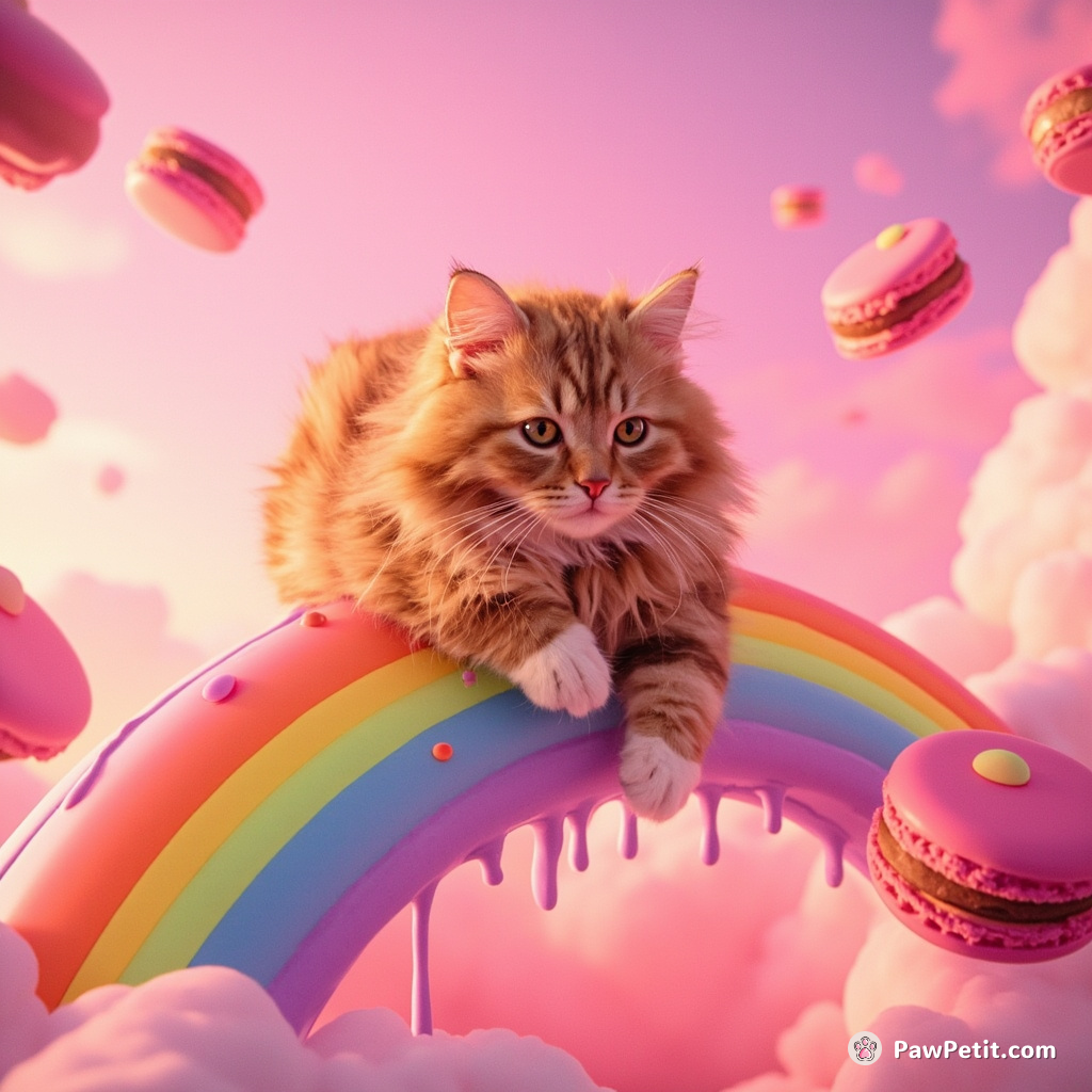 A fluffy orange tabby surfing on a melted rainbow with macaroons spiraling in the neon pink sky.