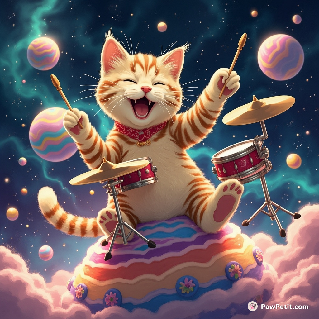 A majestic cat gleefully tapping a tiny drum set atop a spinning woolen planet inside a day-glo universe.