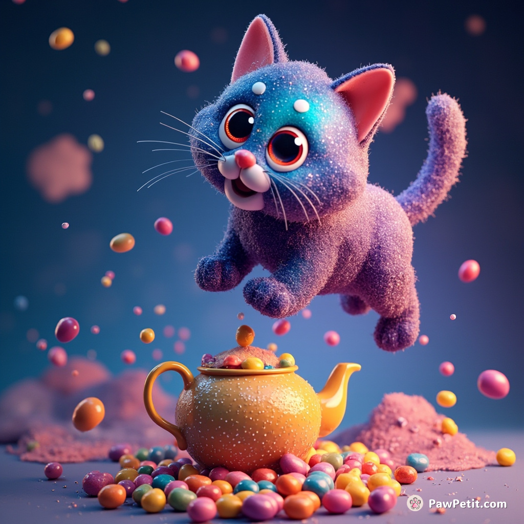 A cat composed entirely of swirling galaxies, leaping over an overflowing teapot that rains glittering jellybeans.
