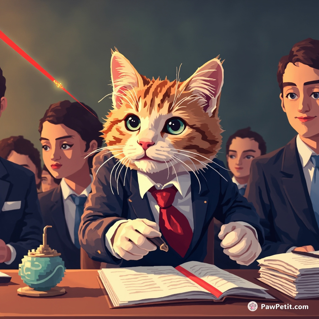 A cat, posing as a businesswoman, creates meeowhem during a board meeting as she relentlessly chases the laser pointer.