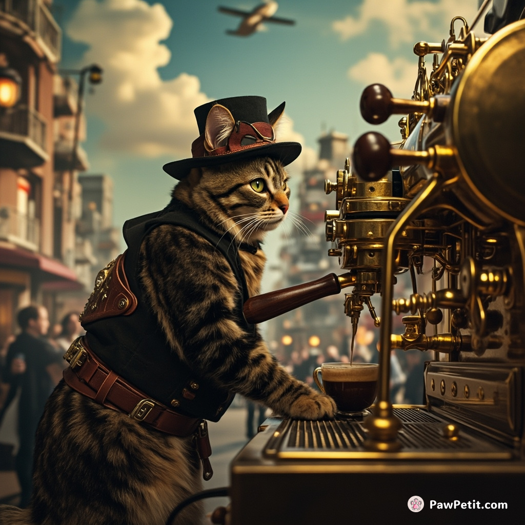 Steampunk cat furiously operating a complicated brass espresso machine in a bustling cloud cafe.