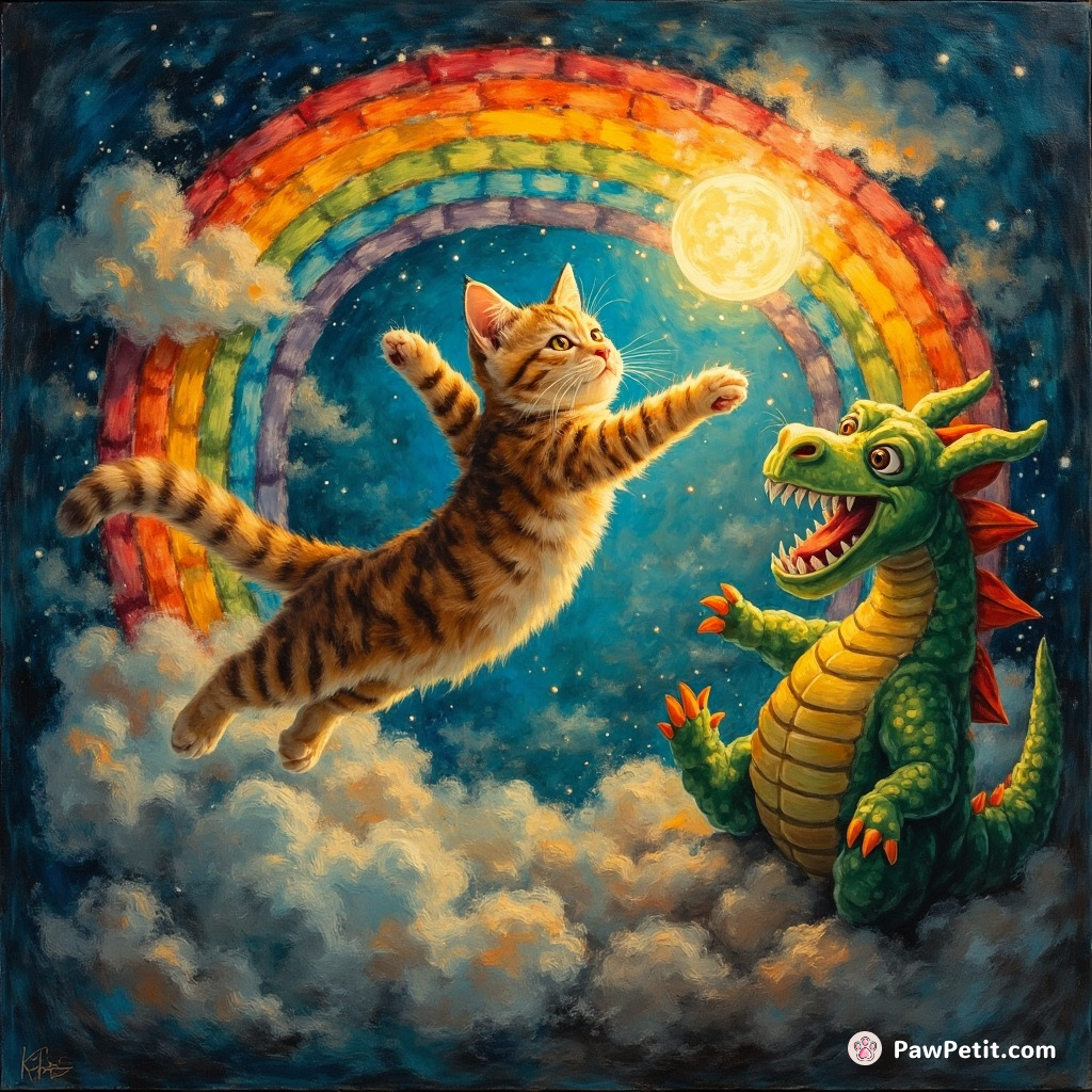 Whiskers the cat leaps through a rainbow portal to rescue the moon from a sneezing dragon's hiccups.