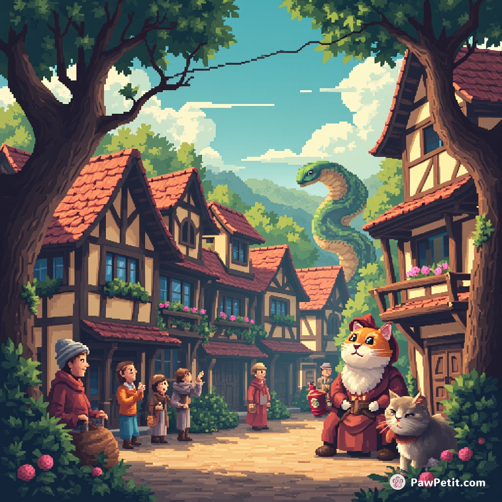 Misunderstanding a sneeze as a brave beast's roar, townsfolk revere the cat, fabled savior against their imagined serpent god.