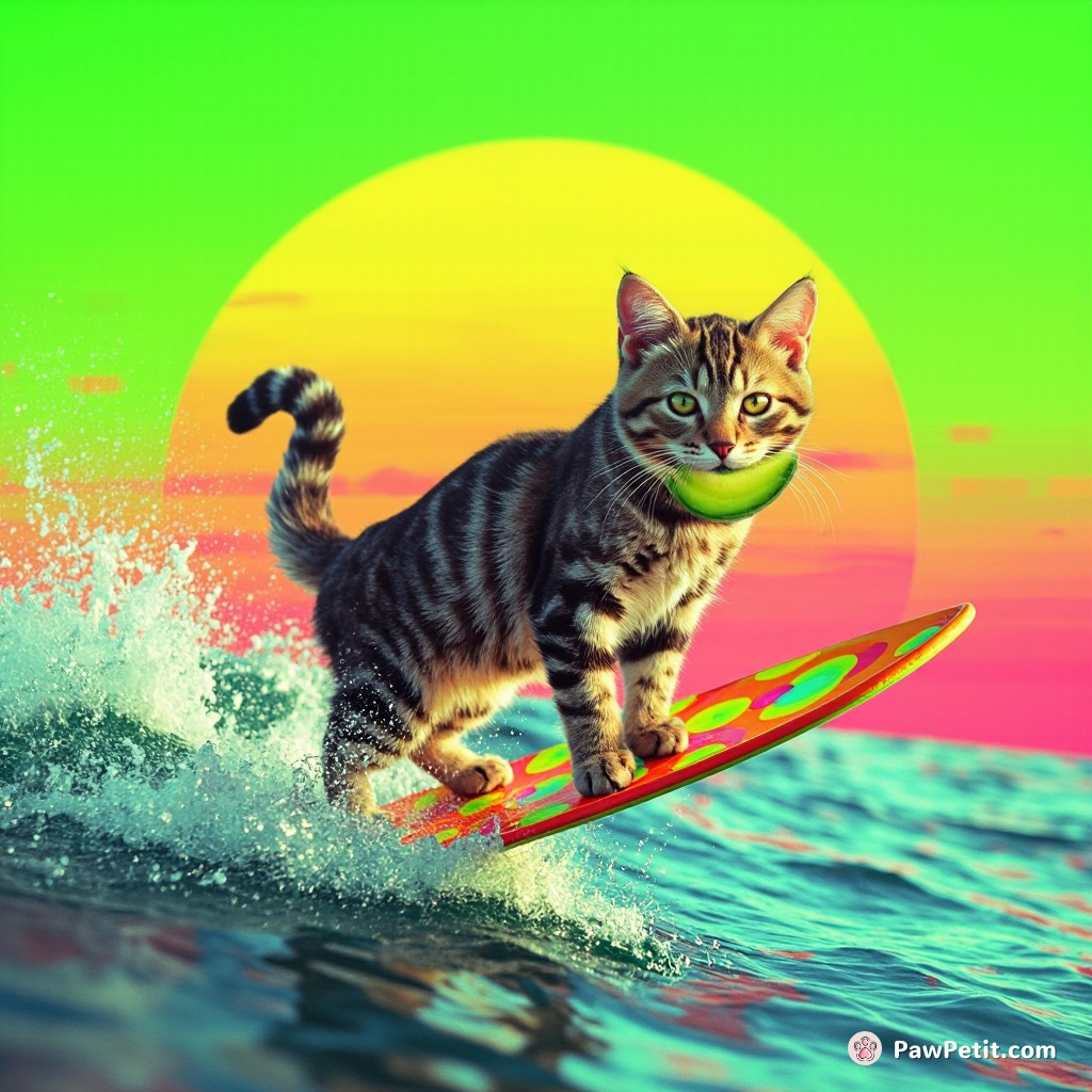 A three-legged tabby cat surfing on a kaleidoscope wave with avocado toast in its mouth against a lime green, pixelated sunset.