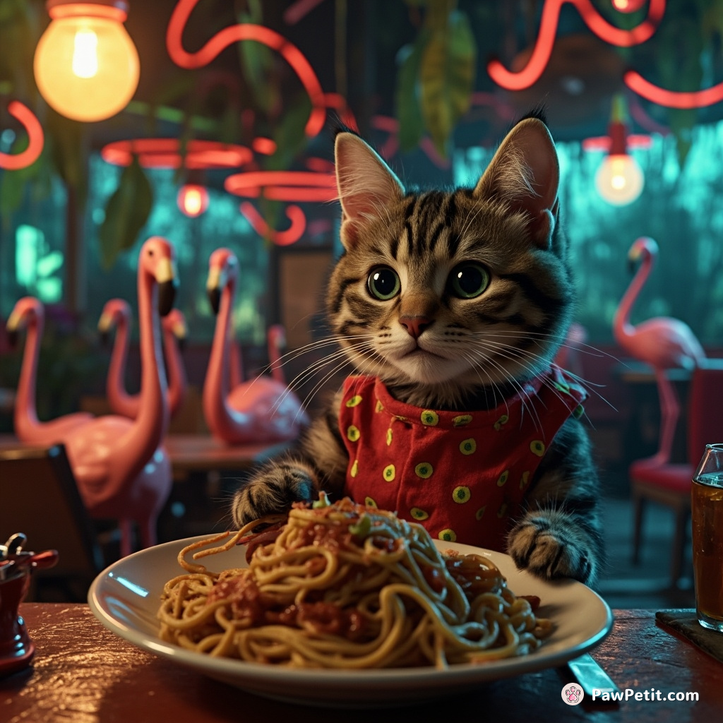 A cat serving Martian spaghetti in a jungle diner with flamingo waitstaff, under glow-in-the-dark vines.