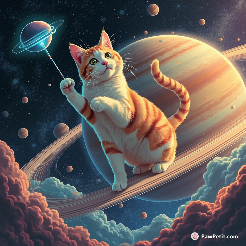 A giant, technicolor cat launching a UFO with its tail while dancing on the rings of Saturn.
