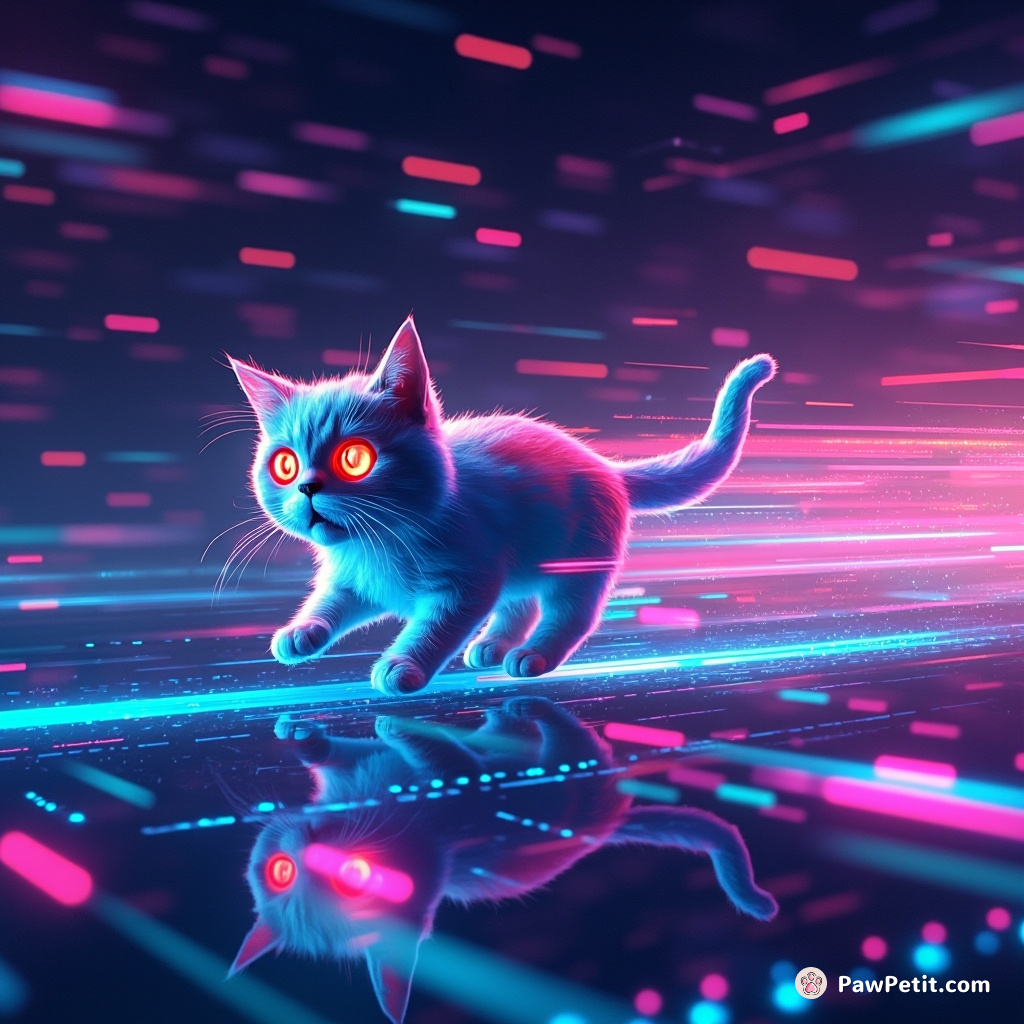 **Whimsical Concept:** A digital realm cat, "PixelPurr," navigates cyberspace by teleporting through glowing data streams.

**Major Action:** PixelPurr **darts** through digital pathways, leaving trails of shimmering pixels in its wake.