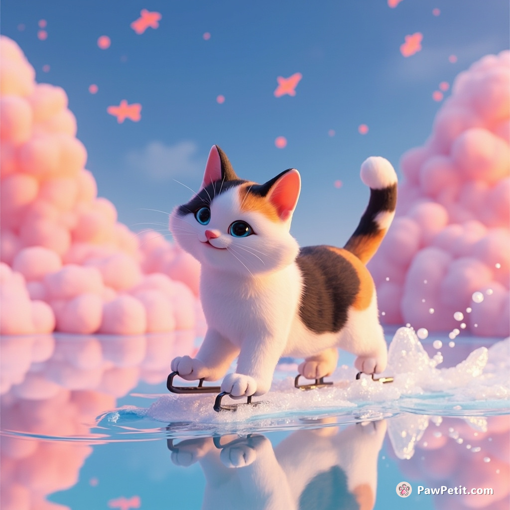 A calico cat frictionlessly ice-skating on a lake of rainbow-colored custard while fish-shaped meteors fall from a cotton candy sky.