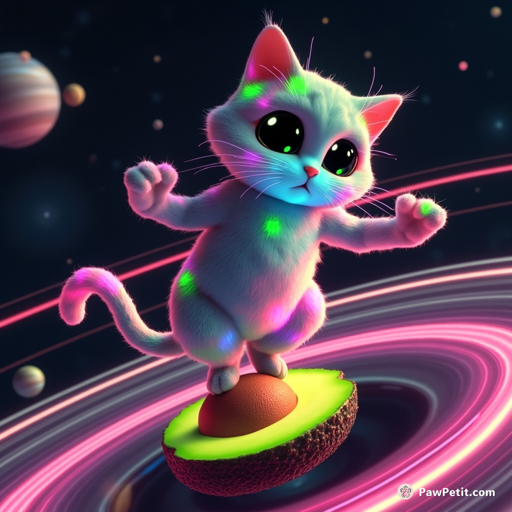 A nebulously neon cat, breakdancing on a spinning avocado amidst the rings of Saturn.