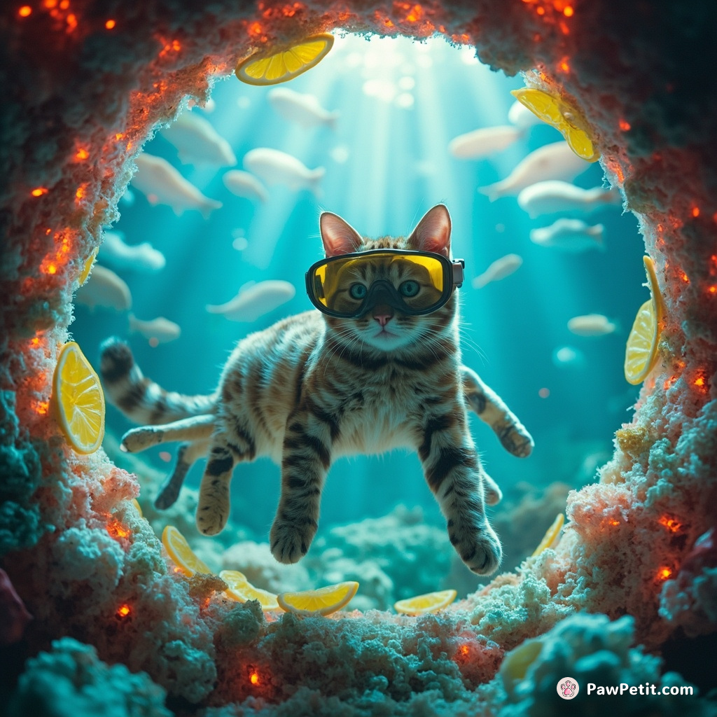 A six-legged cat snorkeling under a lemonade sea inside a neon-lit geode with fish-shaped clouds.