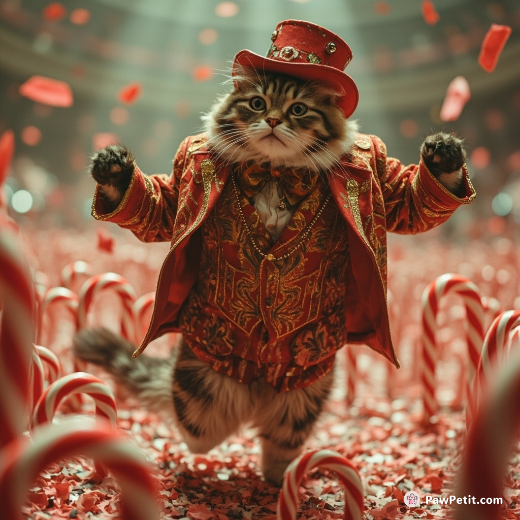 A corpulent art-deco cat wearing circus ringmaster attire, joyously bounding through a field of dancing candy canes in an alien wolrd, under confetti rain.