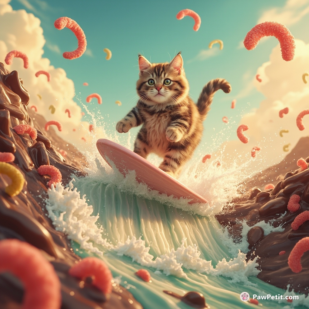 A cat surfing on a rushing stream of liquid marzipan in a chocolate dipped landscape under hanging gummy worms clouds.