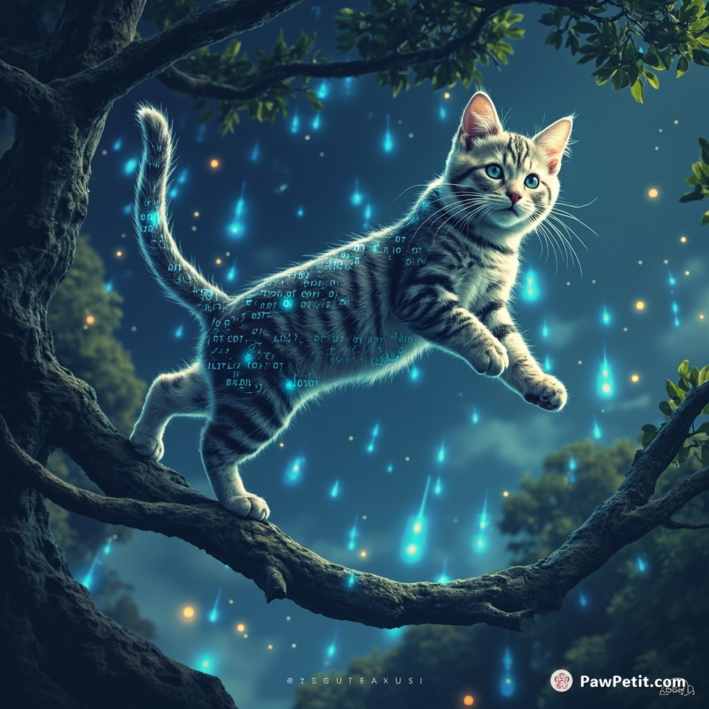 The digital feline leaps and bounds atop binary trees, whiskers twitching as it navigates cyberspace with sprightly grace.
