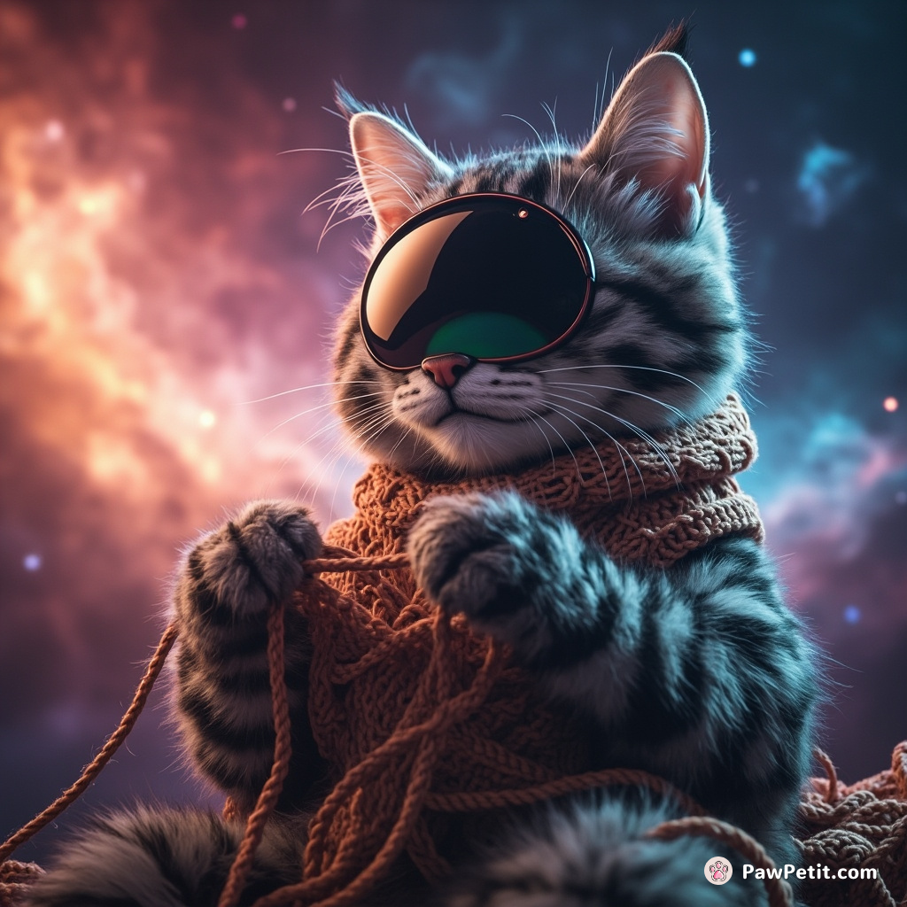 Cyborg cat knitting a colorful nebula in zero gravity space.
