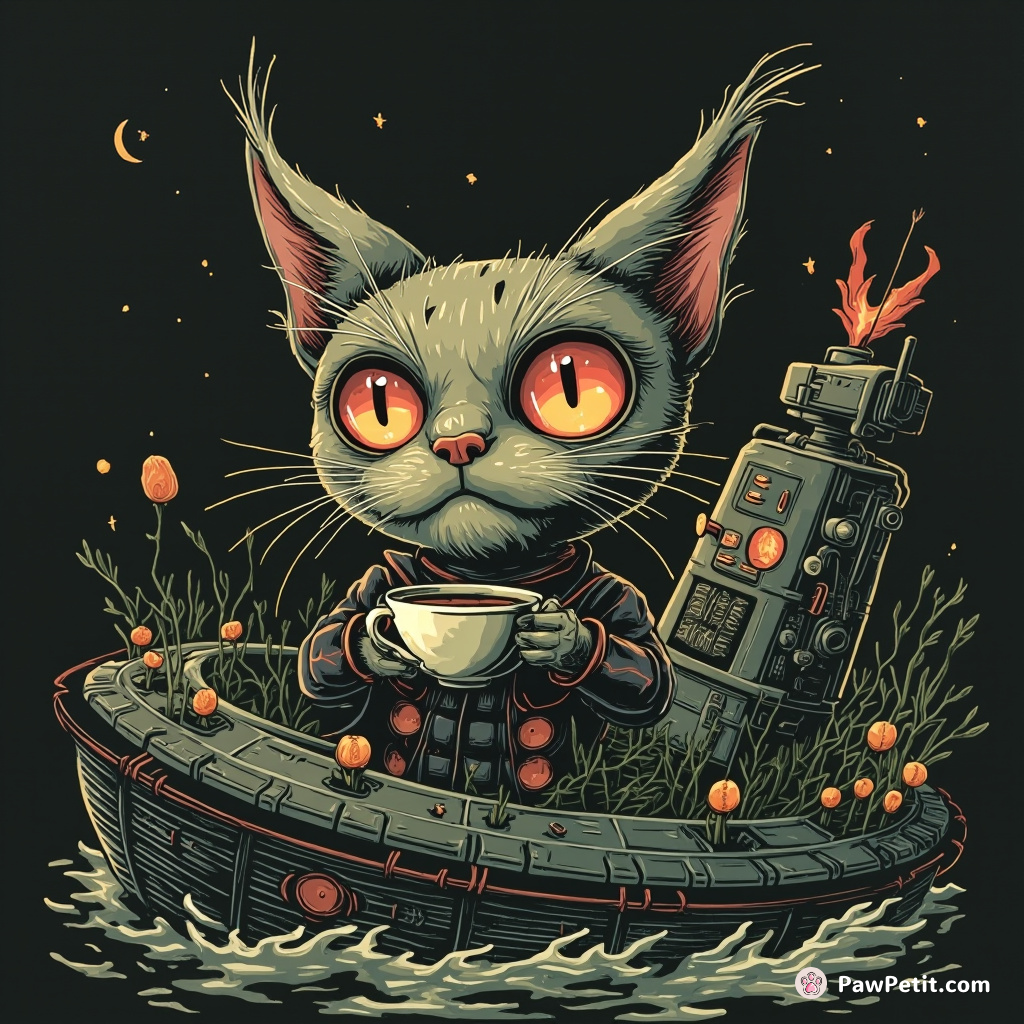 Gothic Victorian zombie cat sipping cappuccino in a sunken spaceship.