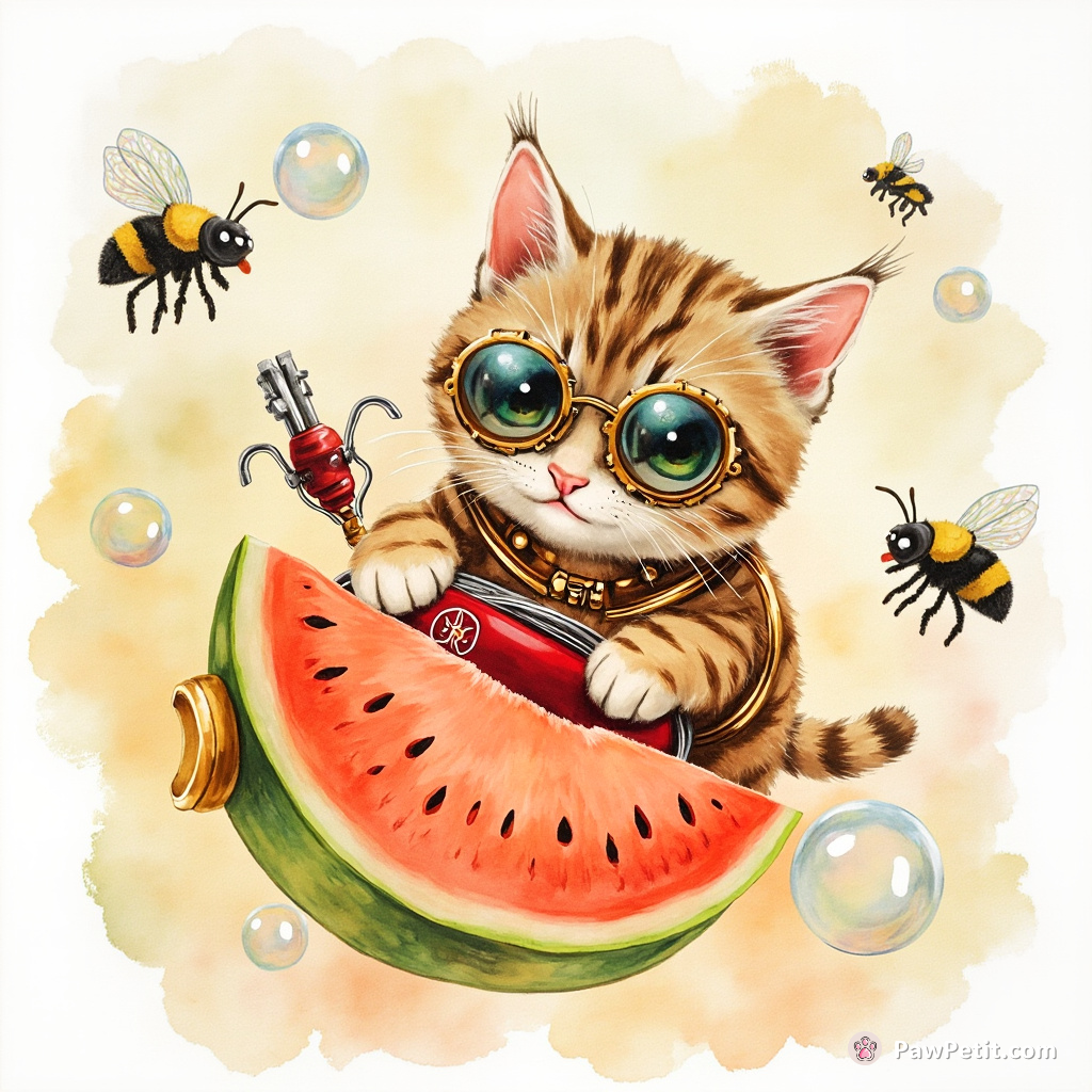 Steampunk cat operating a crimson-colored Victorinox corkscrew, fending off rabid bubble bees in a half-melon spaceship.