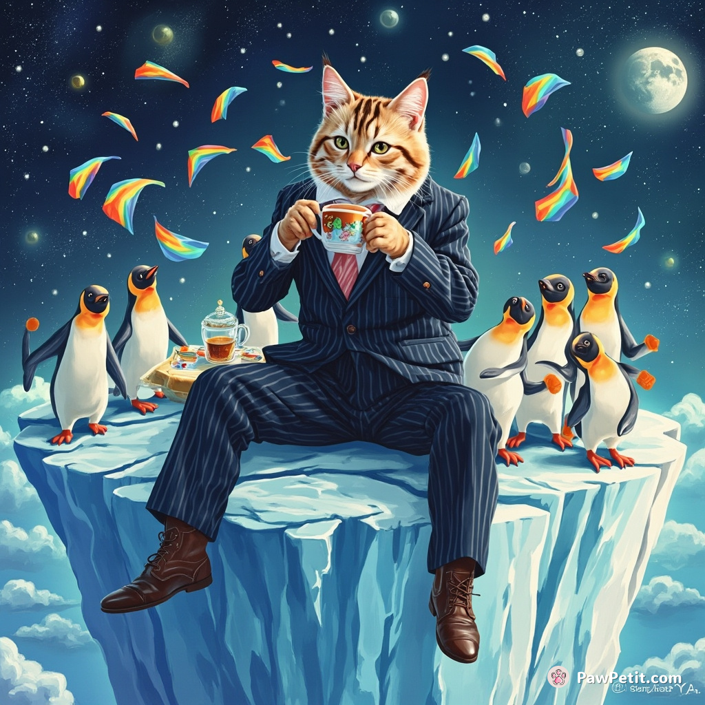 A pinstripe suit-wearing cat sipping tea, sitting on a floating iceberg in outer space surrounded by rainbow penguins juggling fish.