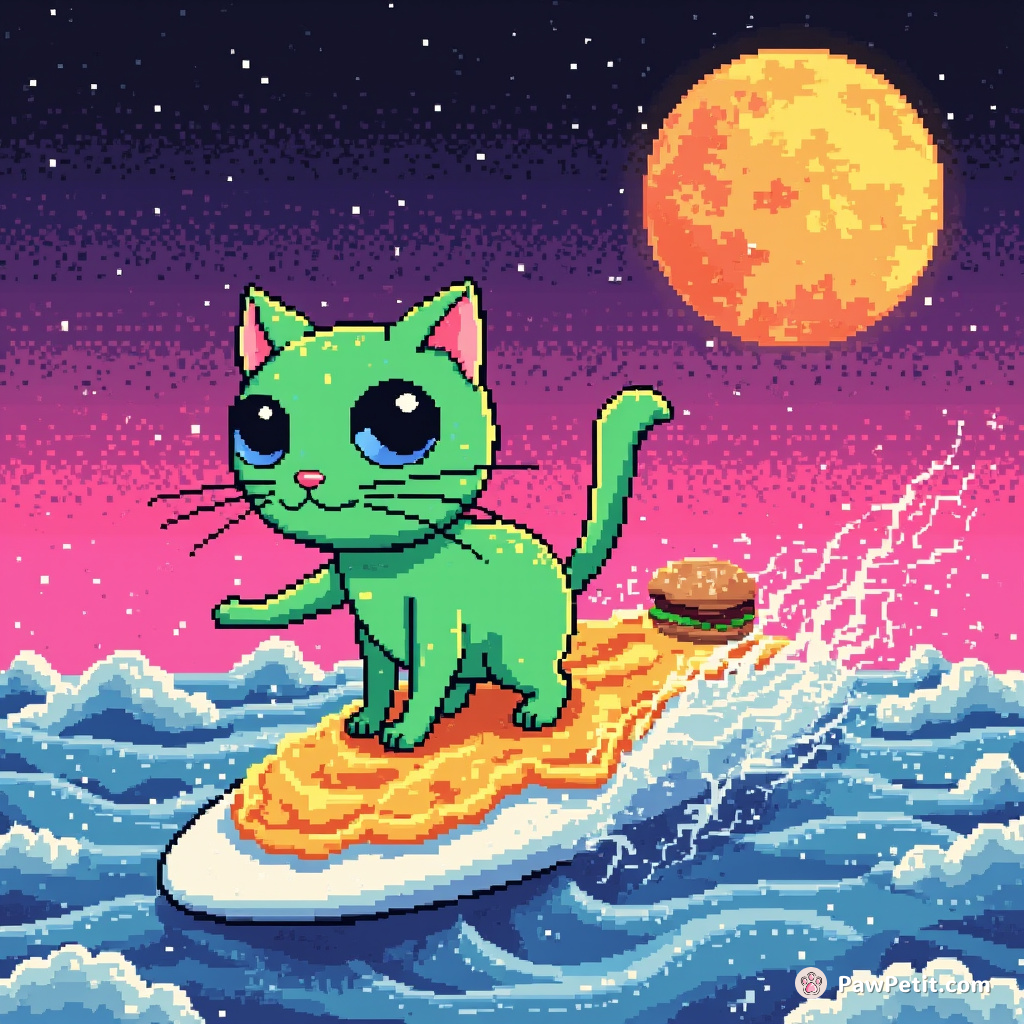 A neon-green cat surfing on scrambled eggs in a sea made of cotton candy under a cheeseburger moon.