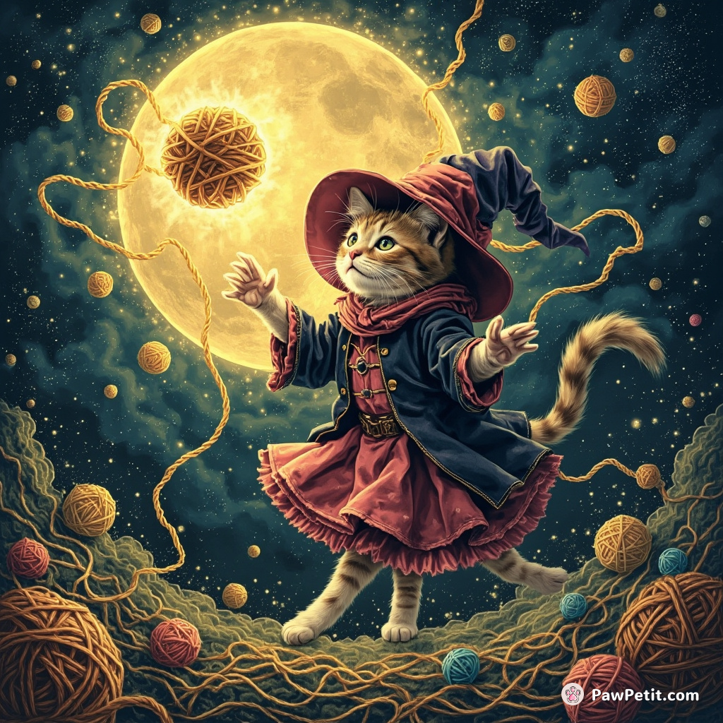 **The Feline Sorceress**: Whiskers casts a spell, transforming the moon into a giant ball of yarn, igniting cosmic chaos.