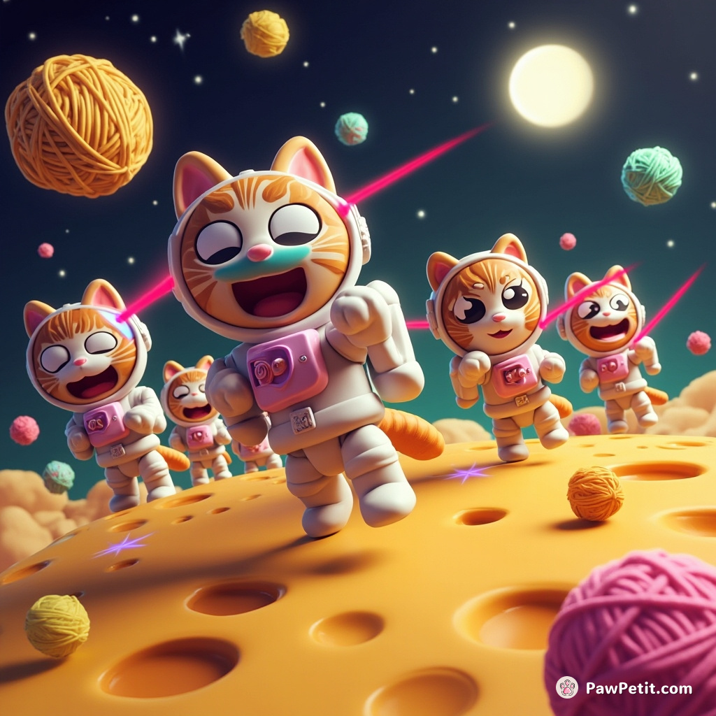An army of cat astronauts taking over a cheese moon with laser yarn balls.