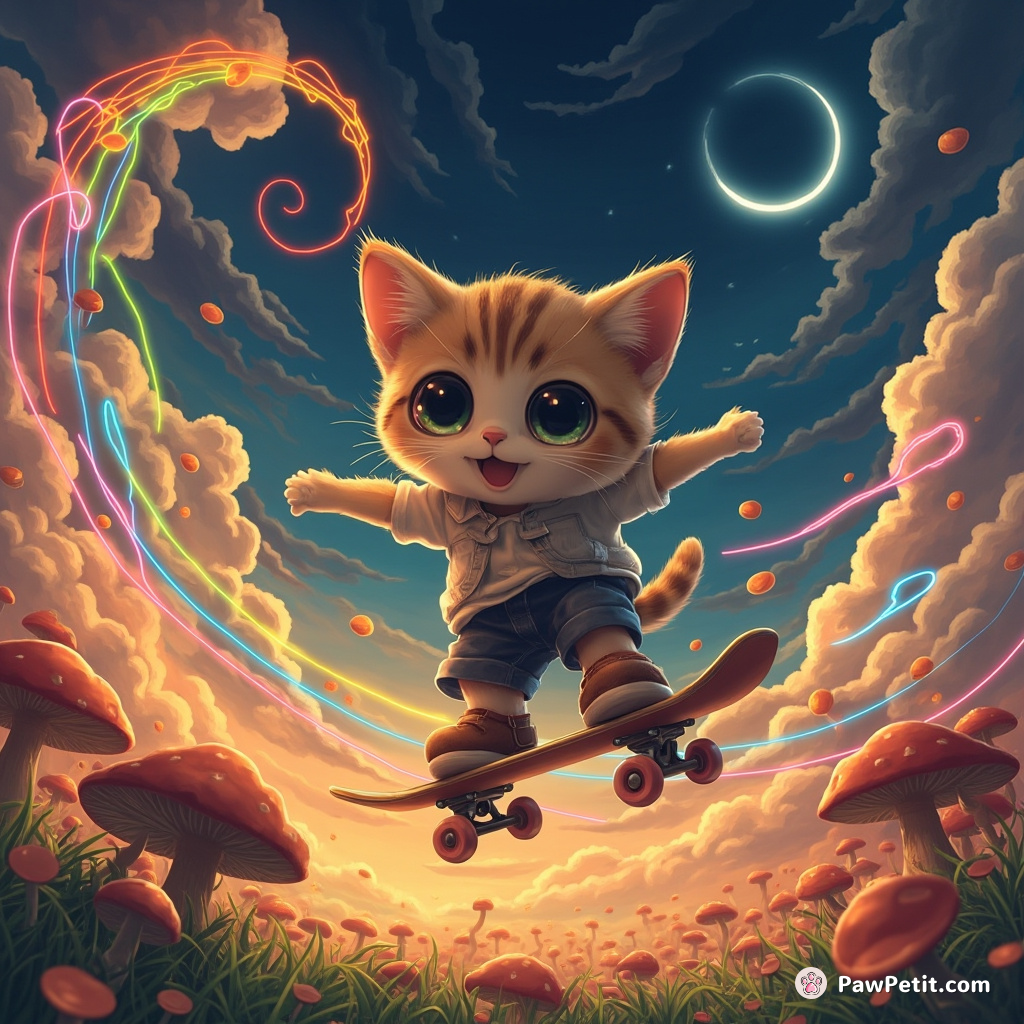 A cat skateboarding on a string of rainbow spaghetti over a glowing mushroom forest.